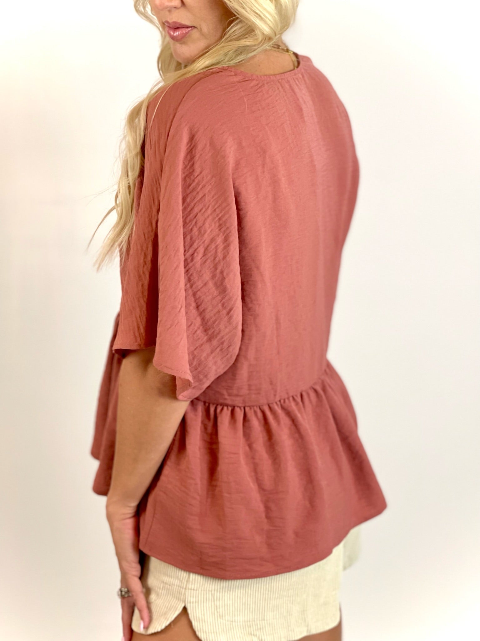 Around The Corner Button Up Peplum Clay Blouse