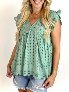 Never Forget You Sage Eyelet Top