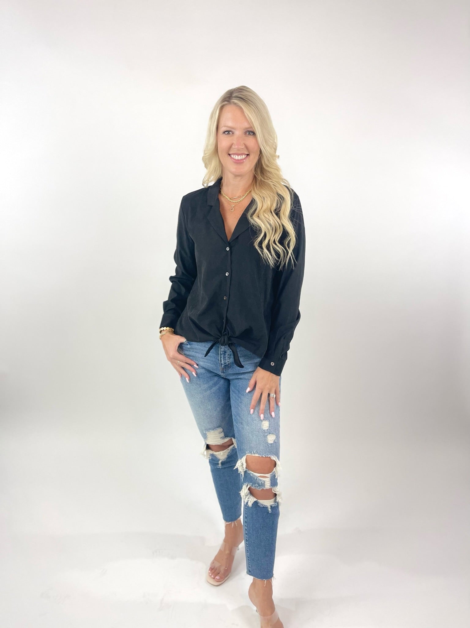 Weekend Nights Black Long Sleeve Woven Button Down Top