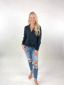 Weekend Nights Black Long Sleeve Woven Button Down Top