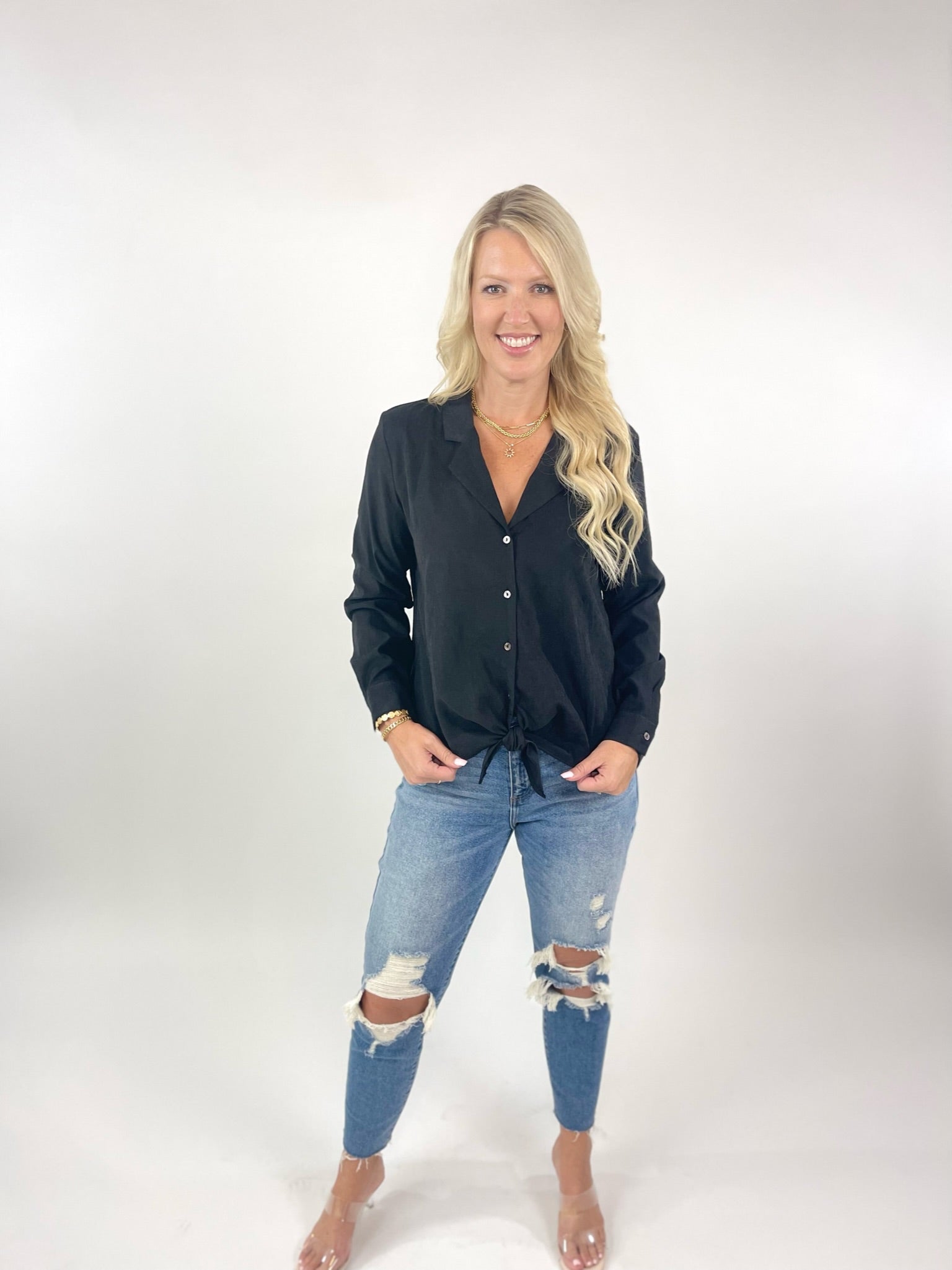 Weekend Nights Black Long Sleeve Woven Button Down Top