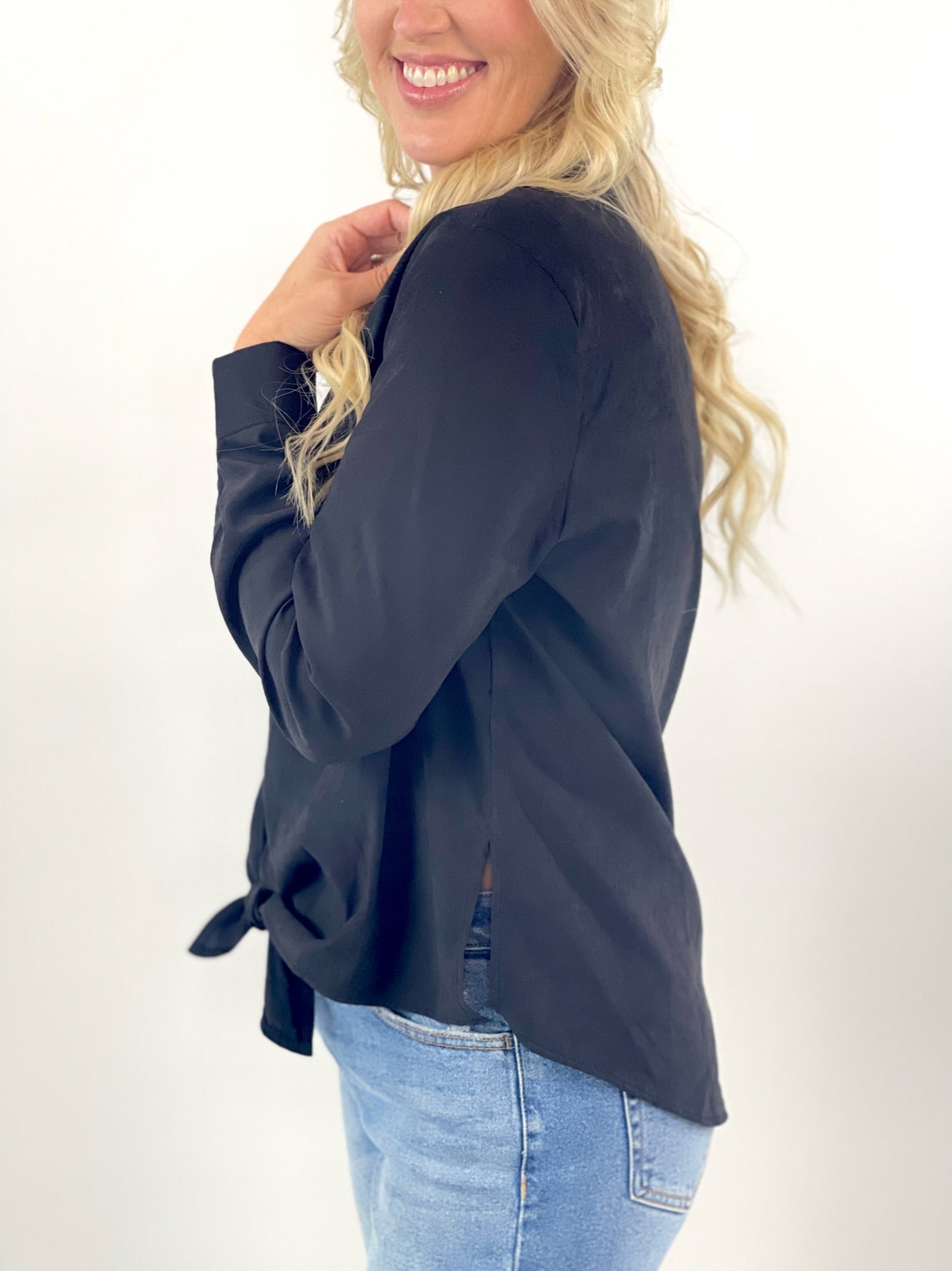 Weekend Nights Black Long Sleeve Woven Button Down Top