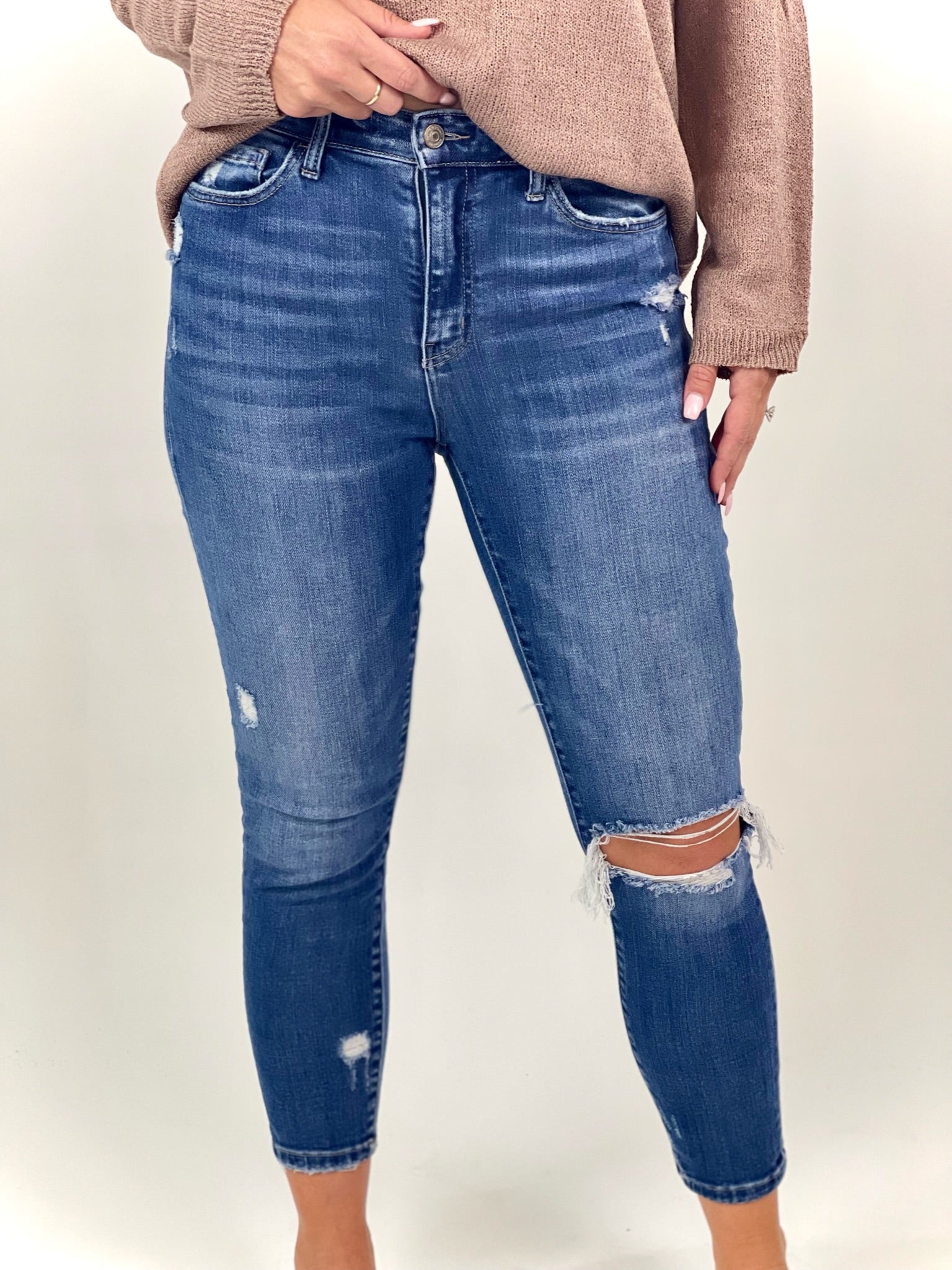 Rebecca High Rise Crop Distressed Skinny Medium Wash Jeans