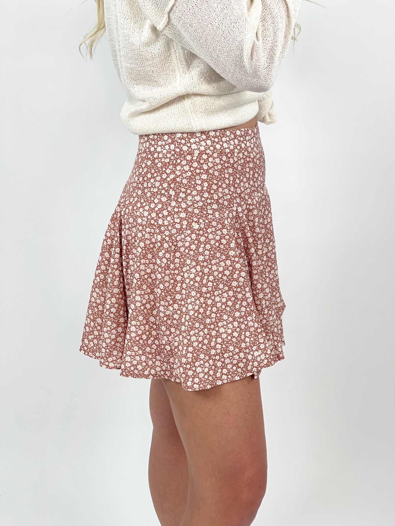 A Moment In Time Floral Print Rust Flare Mini Skirt (Skort)