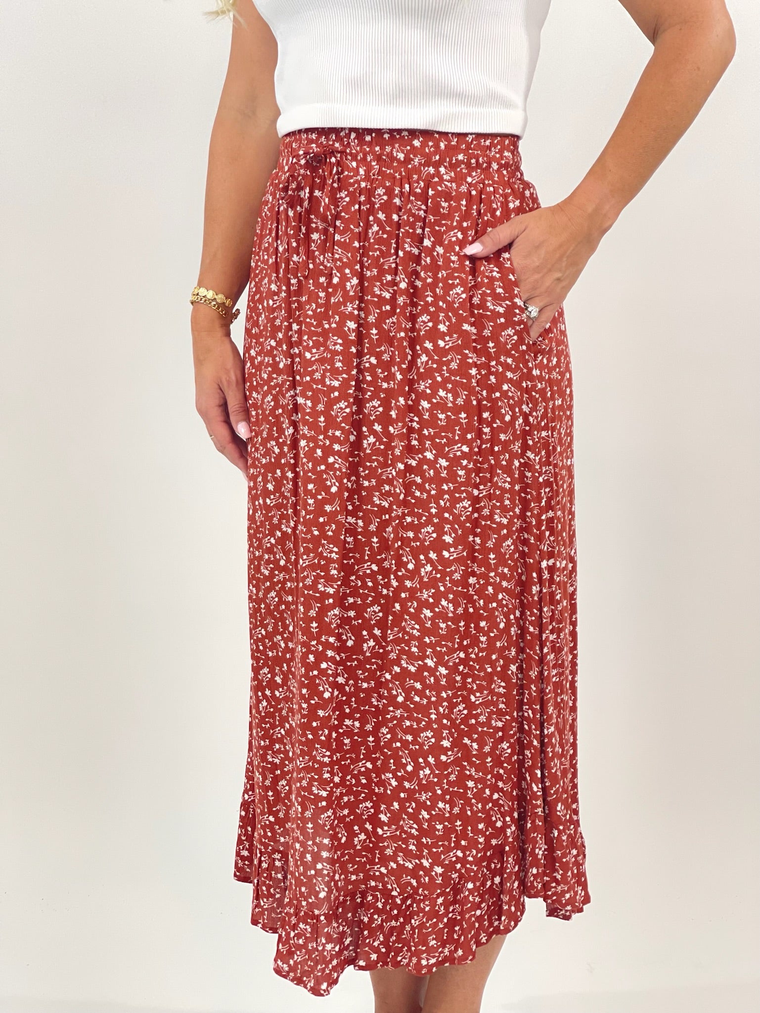 Keep Smiling Long Rust Skirt With Cinched Waist