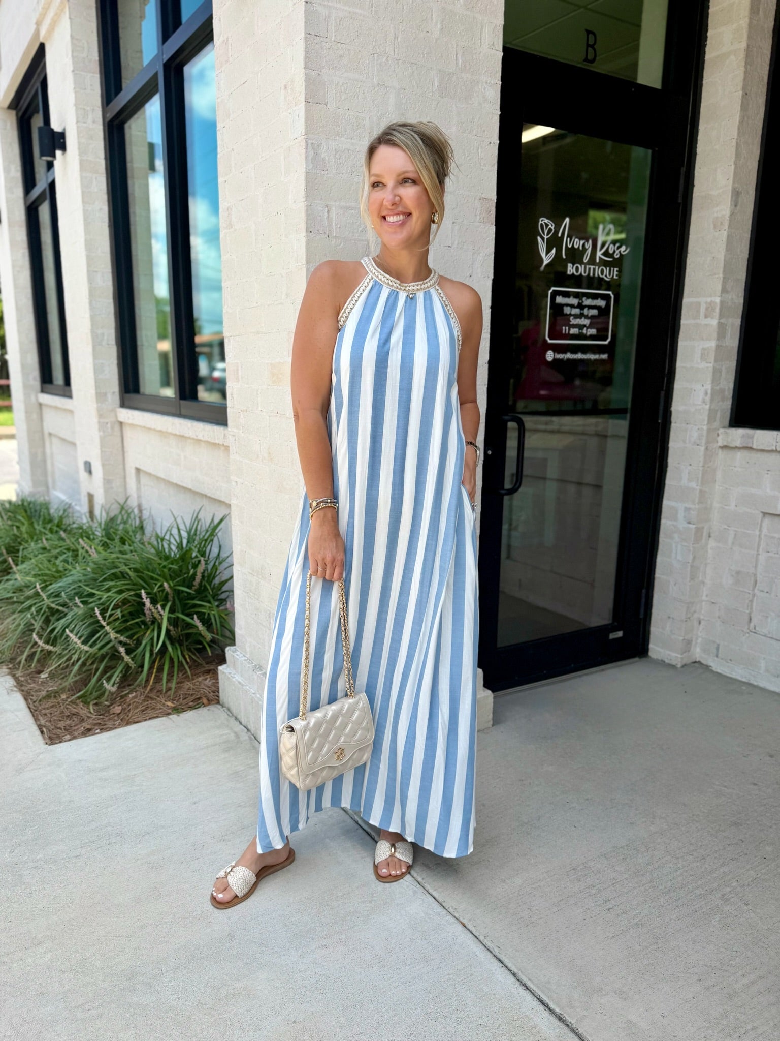 striped halter maxi dress Barefoot Stripe Neck - Blue Collection: Curly-Q Ruched drawstring bodice with Buy Sosandar Green Satin Silhouette:Ballgown
