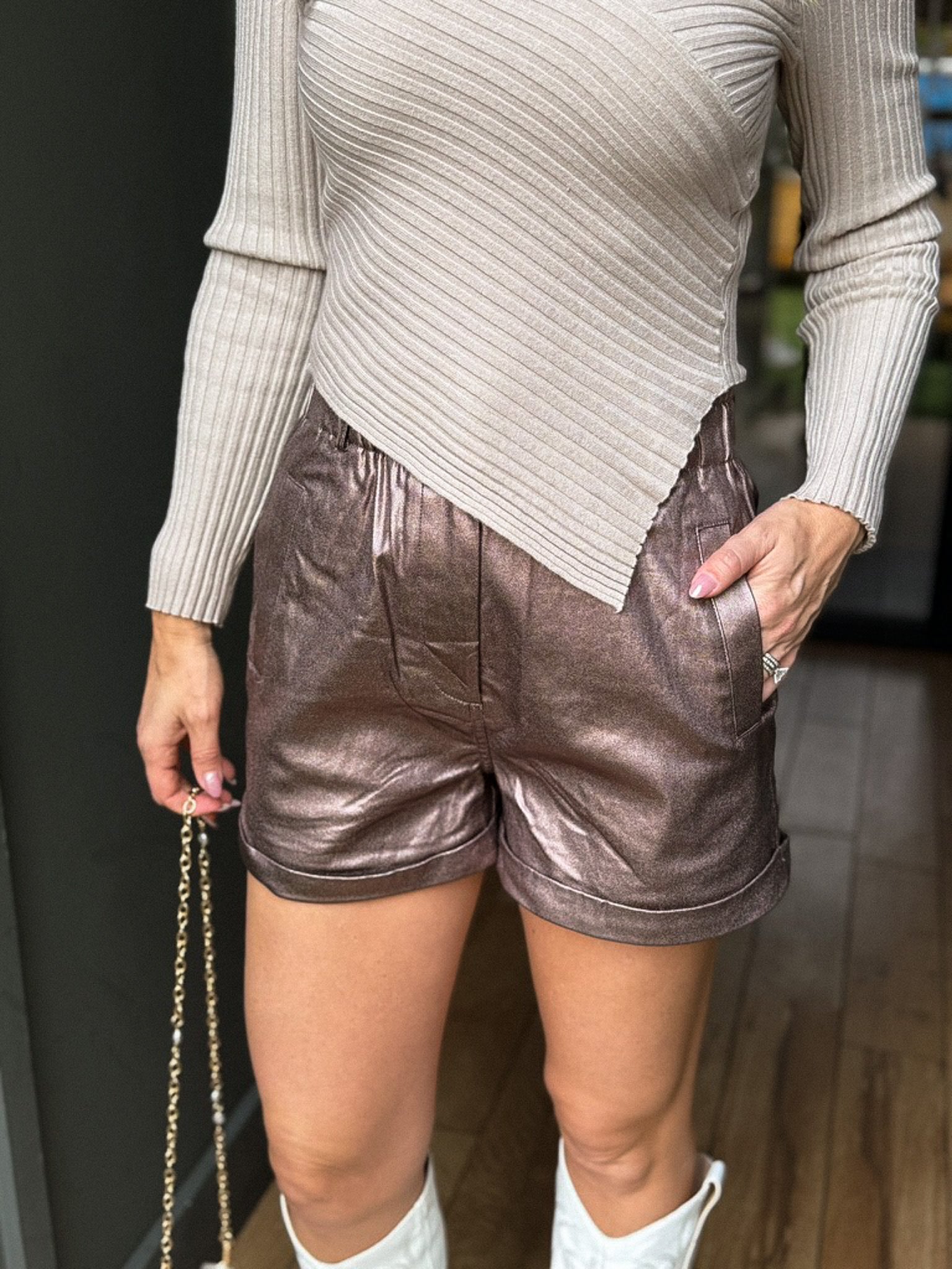 Make Me Smile Bronze Elastic Waist Shorts