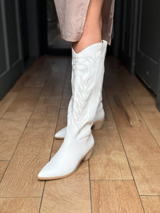 Nina Inlay High Western Block Heel Boot - White