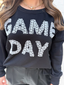 Lace Detail Black Game Day Crewneck