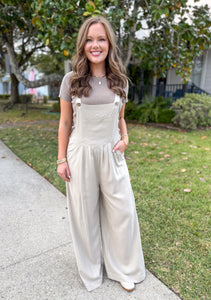 Anastasia Wide Leg Linen Taupe Overalls