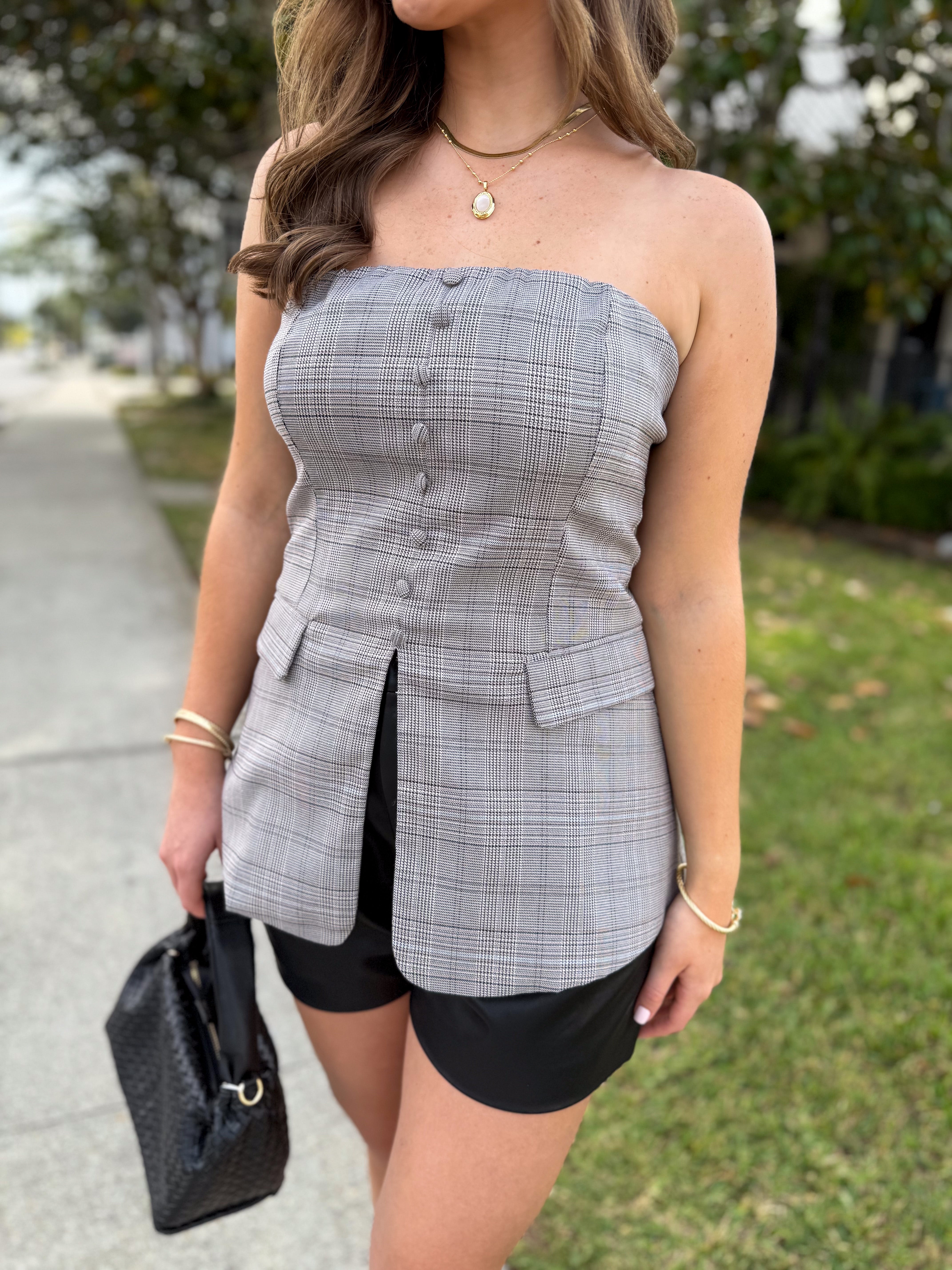 Elise Strapless Split Hem Grey Top